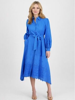 Julia Jordan Women's Long-Sleeve Cotton Eyelet Dress - Blue Size S NWT